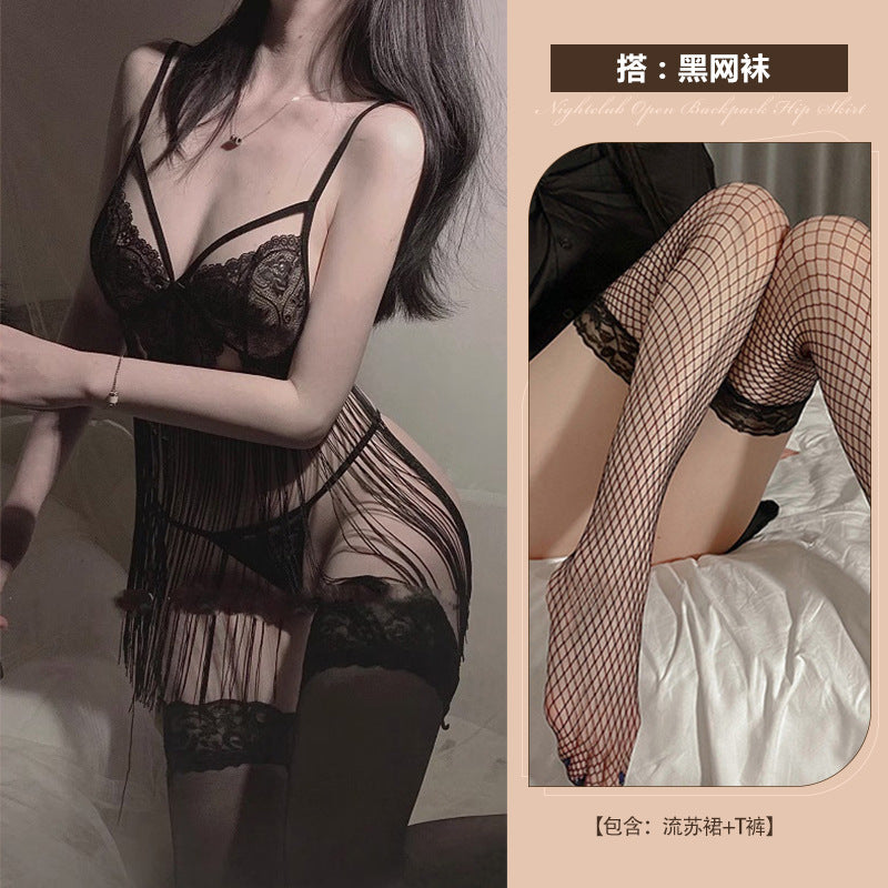 Image of Astringent desire erotic lingerie sexy backless temptation lace see-through strap tassel free nightdress uniform set 0740